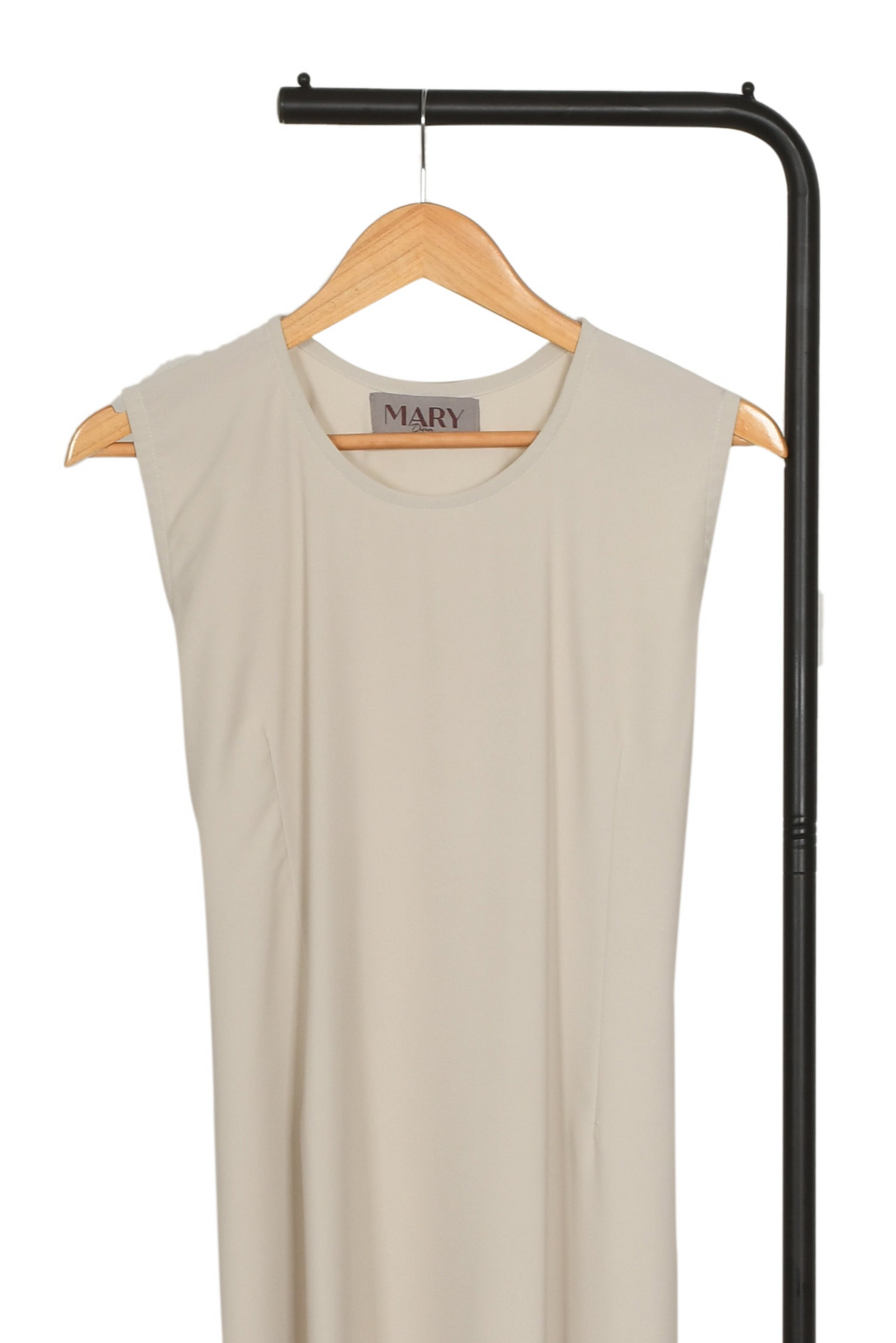 Beige sleeveless dress on a hanger with a visible brand tag against a white background
